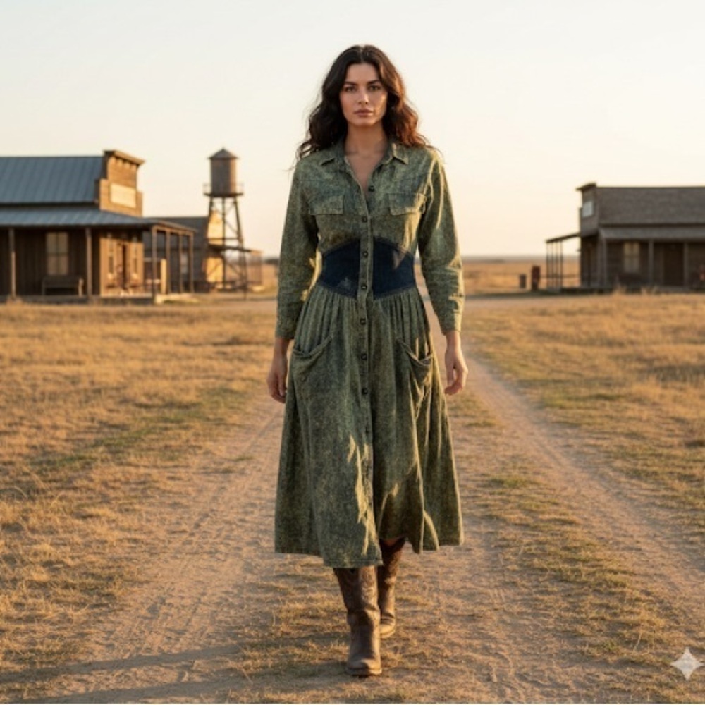 Acid Wash Cowgirl Boho Prairie Cinched Waist Full Skirt Dress EVC